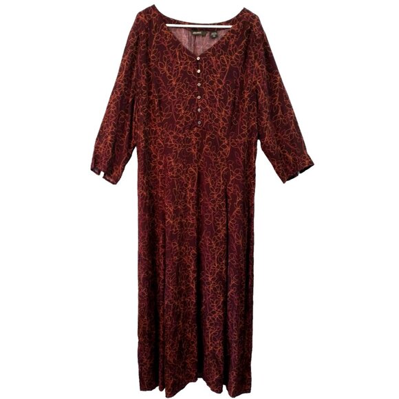Eddie Bauer Maxi Dress Leaf Print V-Neck 3/4 Sleeves Button Bodice - XXL Tall - Picture 1 of 10